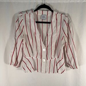JOA Blouse Womens Medium White Red Striped Button Up Long Sleeve